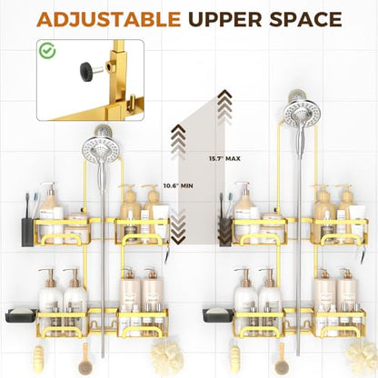 REINHARDT Split Shower Caddy Hanging for Handheld Showerheads, Gold | Adjustable Shower Organizer, Rustproof, 16 Hooks, Soap Holder, 40lbs Capacity, Anti-Slip, Tool-Free, Bathroom Accessories - color: Gold