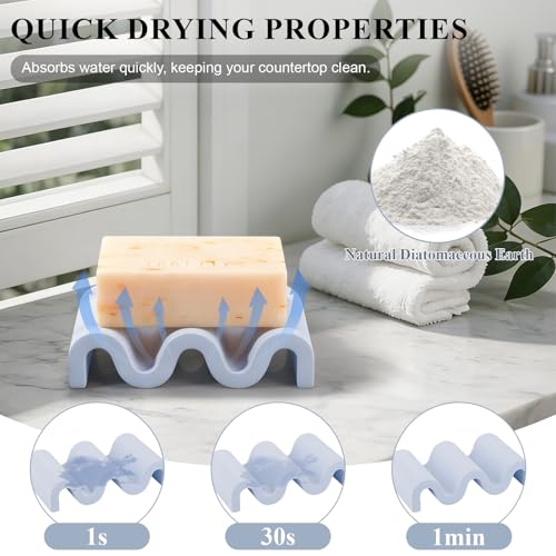 Diatomite Soap Dish Bar Soap Holder Wave Texture Sponge Tray, Blue | Quick Drying, Self Draining Design Helps Keep Bar Soap Dry for Bathroom Sink, Shower & Kitchen - color: Blue