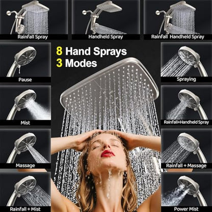 12-Inch High Pressure Rain Shower Head with Handheld Spray Combo, Magnetic | Dual shower heads; one-piece bracket adjusts height and angle; 9 settings: 8 sprays + 1 Power Jet for cleaning; easy install - color: Brushed Nickel