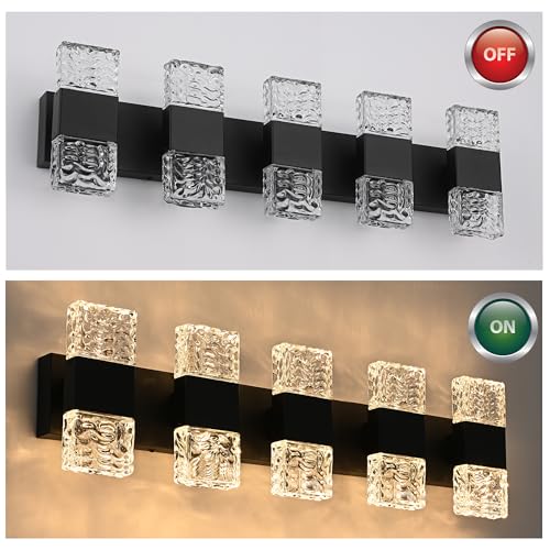 MELUCEE 30.3 in LED Bathroom Lighting Fixtures Over Mirror 40W | LED Vanity Light Black Modern Bathroom Light Bar Crystal Wall Light Fixtures, 3000K Warm Lighting, Built-in Led Chips - color: Black, size: 5 Lights