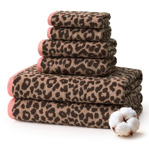 REDKISS Leopard Print Towel Set of 6,100% Cotton Bathroom Towels,Quick Dry & Absorbent,2 Bath Towel, 2 Hand Towel, 2 Washcloth-Dark Brown - color: Dark Brown