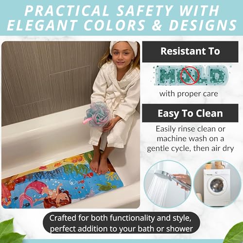 ENKOSI Non-Slip Bath & Shower Mat 40x16 Extra Long, Suction & Drain Holes | Fun mermaid print for kids; Durable PVC; 40x16 in, Mermaid - color: Mermaid Print