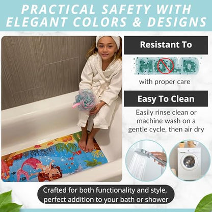 ENKOSI Non-Slip Bath & Shower Mat 40x16 Extra Long, Suction & Drain Holes | Fun mermaid print for kids; Durable PVC; 40x16 in, Mermaid - color: Mermaid Print
