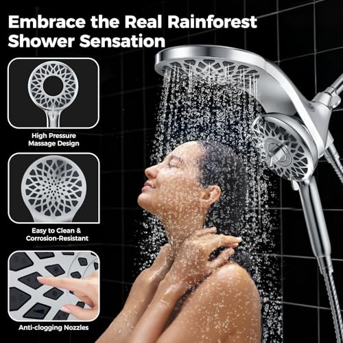 High Pressure Rain Shower Head with Handheld Spray Combo | Detachable Dual Shower Head with 10 Sprays Modes - Upgrade Knob Spray Mode Selector and Magnetic Guidance Docking System - color: Chrome