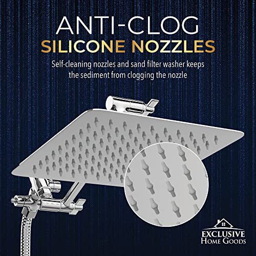 All Metal Shower Head 8" Dual Square Shower Head With Handheld Wand 71in Hose Set, High Pressure Rain Shower Heads Combo, 3-Way Diverter Rainfall Showerhead with Adjustable Extension Arm - color: Deluxe Chrome, size: 8 Inches, 1.8 GPM
