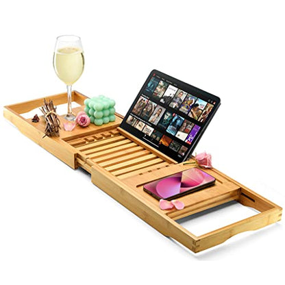 Luxury Foldable Bathtub Tray Caddy - Waterproof Wood Bath Tray for Tub, Expandable Size Fits Most Tubs, Bathroom Accessories for New Home & Mothers, Birthday Gifts for Mom