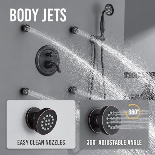 DASAN Antique Shower Faucet Set Complete Rain Shower System in Wall with Body Shower Spray Jets, Oil Rubbed Bronze Shower Fixtures with Rainfall Overhead Shower, Handheld, Valve & Trim Kit, AT249W-ORB - color: Oil Rubbed Bronze