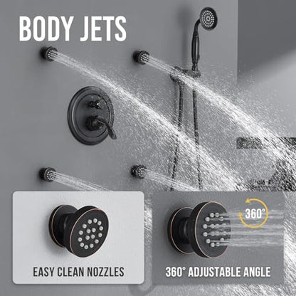 DASAN Antique Shower Faucet Set Complete Rain Shower System in Wall with Body Shower Spray Jets, Oil Rubbed Bronze Shower Fixtures with Rainfall Overhead Shower, Handheld, Valve & Trim Kit, AT249W-ORB - color: Oil Rubbed Bronze