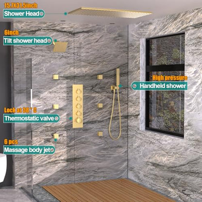 HOMEDEC 15.7x31.5" Rainfall and 6" Dual Shower Heads with Handheld Spray Combo, Full Body Shower System with 6pcs Body Jets, Brushed Gold - color: Brushed Gold, style: 4-Way + 1x 6" Top
