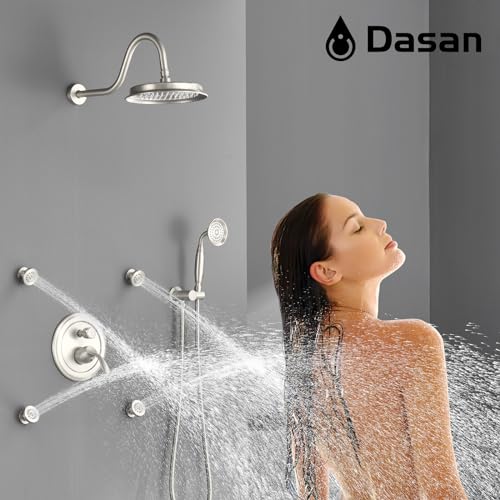 DASAN Antique Shower Faucet Sets Complete Rain Shower System in Wall with Body Shower Spray Jets, Brushed Nicke Shower Fixtures with Rainfall Overhead Shower, Handheld, Valve & Trim Kit, AT249W-BN - color: Brushed Nickel