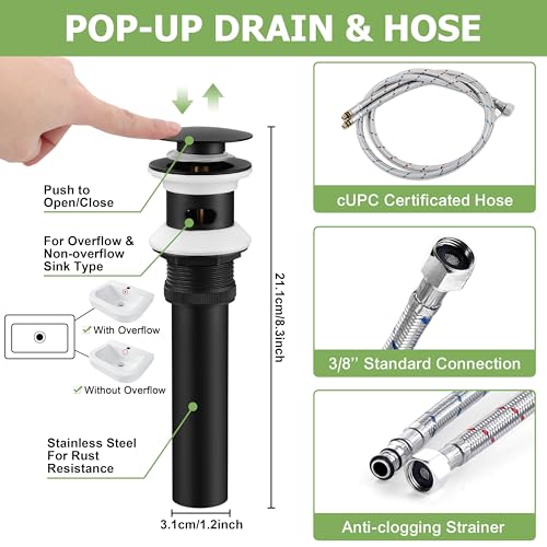 Herogo Matte Black Bathroom Sink Faucet for 3 Holes, 4 Inch Centerset Bathroom Faucet 2-Handle with Pop-Up Drain & Supply Hoses, 18/10 Stainless Steel, for RV Vanity Lavatory - color: Matte Black, style: Cylindrical Handles