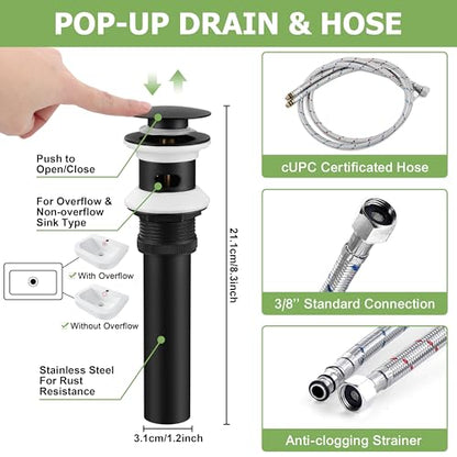 Herogo Matte Black Bathroom Sink Faucet for 3 Holes, 4 Inch Centerset Bathroom Faucet 2-Handle with Pop-Up Drain & Supply Hoses, 18/10 Stainless Steel, for RV Vanity Lavatory - color: Matte Black, style: Cylindrical Handles