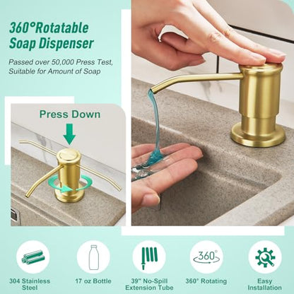 CREA Brushed Gold Kitchen Soap Dispenser Countertop Soap Dispenser for Kitchen Sink, Built in Sink Soap Dispenser for Bathroom with 39" Tube Large Capacity 17 OZ Bottle - color: Gold, style: Circular