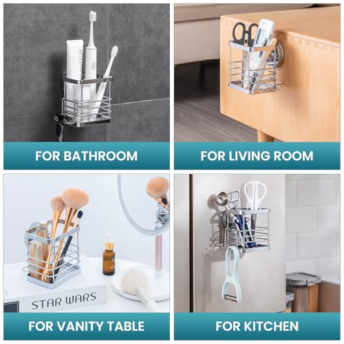 TAILI Patented Suction Cup Toothbrush Holder, Stainless Steel Anti-Puddling Shower Toothbrush Holder, No Drilling Removable Organizer for Bathroom Toothpaste, Razor, Kitchen and Office Items, Silver - color: Silver