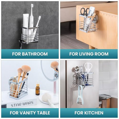 TAILI Patented Suction Cup Toothbrush Holder, Stainless Steel Anti-Puddling Shower Toothbrush Holder, No Drilling Removable Organizer for Bathroom Toothpaste, Razor, Kitchen and Office Items, Silver - color: Silver