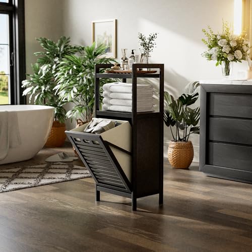 HITNET Tilt Out Laundry Hamper, Bamboo Bathroom Cabinet with Pull Out Removable Bag and 2 Tier Storage Shelves, 10 Gal Clothes Basket with Metal Handle, Black - color: Black