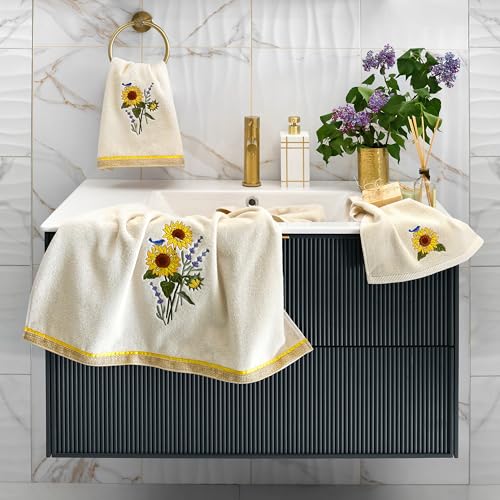 Jubilant 4-Piece Premium Towel Set, Vibrant Floral Applique, Luxurious Turkish Cotton, Soft & Durable, Elegant Bath Ensemble, 2 Bath 2 Hand Towels, Beige - color: Beige, size: 2 Pcs Bath 2 Pcs Hand Towel