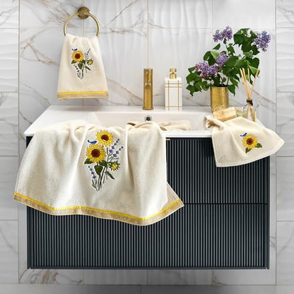 Jubilant 4-Piece Premium Towel Set, Vibrant Floral Applique, Luxurious Turkish Cotton, Soft & Durable, Elegant Bath Ensemble, 2 Bath 2 Hand Towels, Beige - color: Beige, size: 2 Pcs Bath 2 Pcs Hand Towel