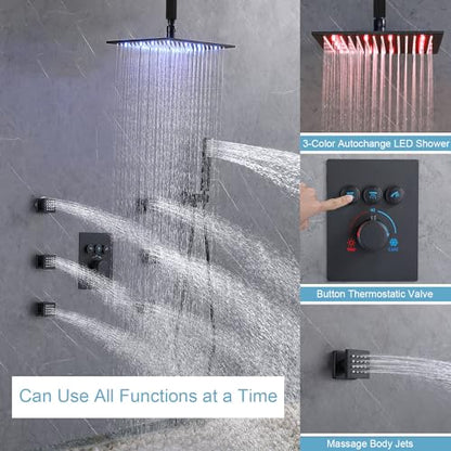 Enga Thermostatic Shower System with Body Jets (Use All Functions At A Time), Ceiling Mounted 12 Inch LED Rain Shower with 6 Body Spray Jets and Handheld Shower Faucet Set, Matte Black - color: Black, style: Ceiling Mount-6 Jets