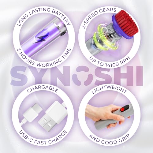 Synoshi PRO Electric Spin Scrubber Long Handle – Cordless Shower Scrubber | Bathroom Cleaning Brush, Electric Scrubber for Cleaning Shower, Tub & Floor, Adjustable Angles, 2 Speeds Power Scrubber