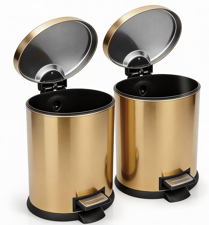 SIMPLYKLEEN Bathroom Trash Can with Lid - 2PC 1.3 Gallon/ 5L Oval Small Trash Can with Soft-Close Lid, Foot Pedal, Brushed Stainless Steel, Removable Liner, Garbage can for Kitchen, Office, Home Gold - color: Gold, size: 5L Oval 2PC