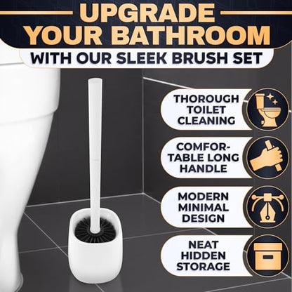 Toilet Bowl Brush and Holder, Silicone and Plastic (White) | Compact Toilet Brush, Easy to Place and Simple to Store After Use, Strong Rubber Plunger & Stiff Bristle Brush - color: White