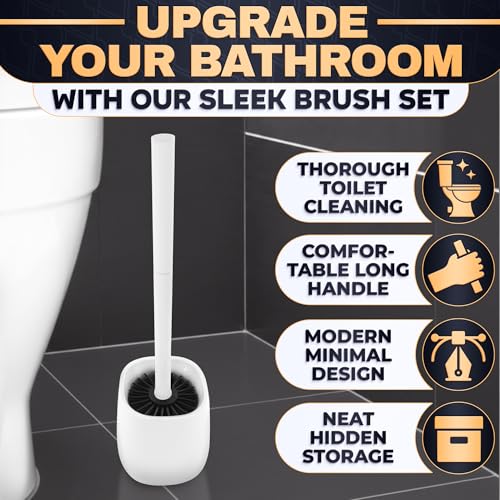 Toilet Bowl Brush and Holder, Silicone and Plastic (White) | Compact Toilet Brush, Easy to Place and Simple to Store After Use, Strong Rubber Plunger & Stiff Bristle Brush - color: White