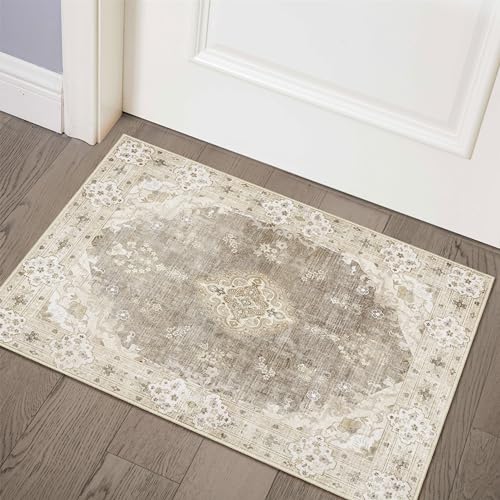 Beige Rug 2'x3' Washable Area Rug Small Non Slip Low-Pile Floral | Machine Washable Throw Carpet for Entryway Kitchen Bathroom Bedroom Boho Soft Indoor Vintage Bohemian Distressed Flowers - color: Beige, size: 2' x 3' (Rectangular)