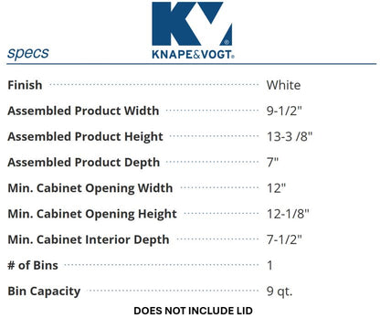 Knape & Vogt KV Door Mounted Waste Bin for Vanity 9qt White