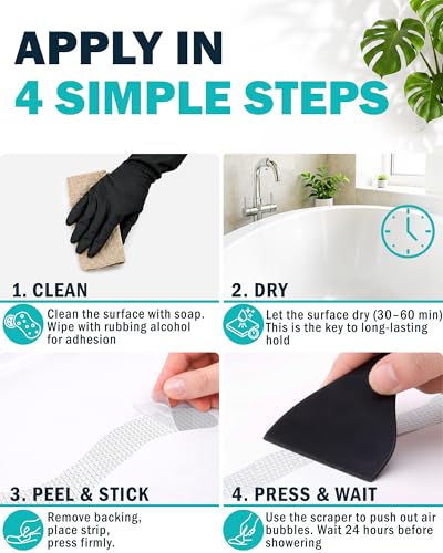 Anti-Slip Shower Stickers, Non-Slip Bathtub Appliques, Tub & Bath Strips | 30-Pack for Fuller Coverage | Clear, Low-Profile Design | Includes Scraper for Easy Application - color: Clear