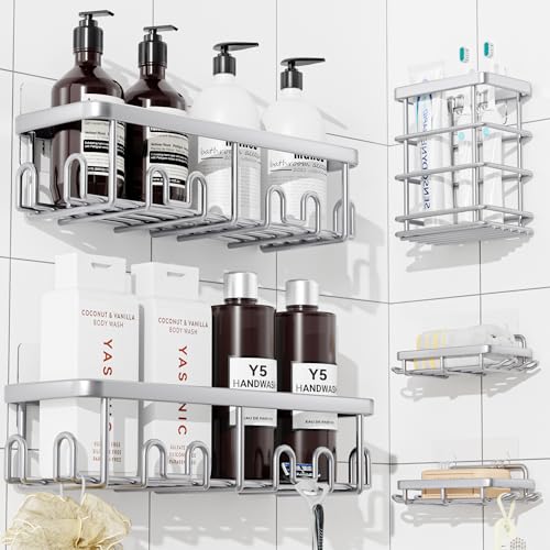 YASONIC Shower Caddy Adhesive, 100% Rustproof Shower Organizer with Soap and Toothbrush Holder, Large Capacity Shower Shelves for Inside Shower, No Drill Shower Storage for Home (5 Pack Silver) - color: Silver