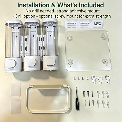 Shampoo and Conditioner Dispenser, Wall-Mounted Shower Soap Dispenser, 3 in 1 No Drill Wall Mounted Soap Dispenser, Large Capacity Triple Refillable Bottles for Bathroom, Hotel, Gym (White)