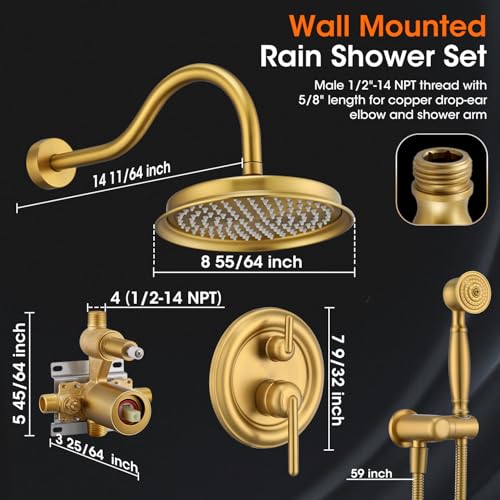 Rainfall Shower System Shower Faucet Set, Luxury, Antique, Brushed Gold | 9 Inch Single Function Shower Head, Pressure Balance Valve, Wall Mounted, Bathroom, Shower Trim Kit - color: Brushed Gold, style: With Handheld