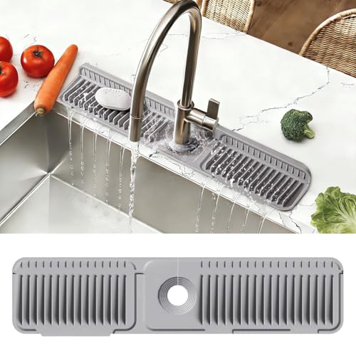 24 Inch Upgraded Draining Mat Folding Faucet Mat for kitchen sink Faucet Draining Mat with Button Lock Silicone Splash Guard faucet Pad for Kitchen Bathroom Bar(Grey) - color: Gray