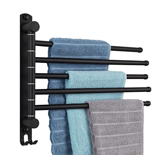 5-Arm Swivel Towel Rack - 180° Rotating Wall Mounted - 304 Stainless Steel Rustproof - Heavy Duty Space Saving for Bathroom Kitchen Laundry Room (Matte Black) - color: Black, size: 5 Arms