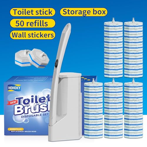 Disposable Toilet Brush Cleaning System with 50pcs Refills Pads Replacement Heads, Toilet Cleaning Stick, Wall Mounted Wand Kit Bathroom Maintenance, Toilet Bowl Cleaner Brush Holder and Set - style: Toilet brush + 50 refills