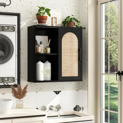 RUSTOWN Boho Rattan Bathroom Wall Cabinet with Sliding Door, Black | Farmhouse Bathroom Cabinet, Adjustable Shelves, Over The Toilet Storage Cabinet, 3-Tier Wall Mounted Cabinets - color: Black