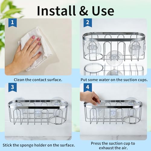 2-in-1 Sponge Holder for Kitchen Sink, Sink Caddy Kitchen Sink Organizer with 3 Suction Cups, No Drill Rustproof Sink Sponge Holder for Dish Brush, Soap & Sponge (Silver) - color: A Style-Silver