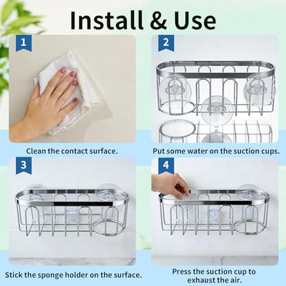2-in-1 Sponge Holder for Kitchen Sink, Sink Caddy Kitchen Sink Organizer with 3 Suction Cups, No Drill Rustproof Sink Sponge Holder for Dish Brush, Soap & Sponge (Silver) - color: A Style-Silver