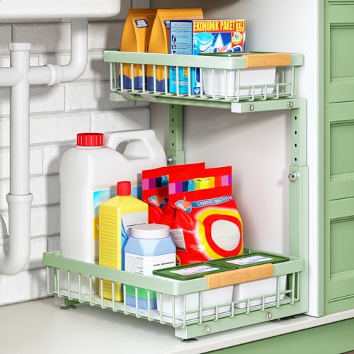 Kitstorack Under Sink Organizer, 2 Tier Under the Sink Storage, Slide out Pull out Cabinet Organizer Shelf, Metal Sliding Drawer for Kitchen Bathroom Pantry Closet Organization Rack, Green, 1 Pack - color: Green, size: 1 Pack