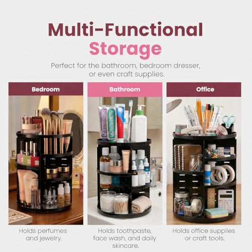 Masirs 360 Rotating Makeup Organizer Countertop, Adjustable Shelf, Black | 360-Degree Rotating Makeup Organizer, Adjustable Shelf Height, Cosmetic Perfume Skincare Storage, Vanity Countertop, Black - color: Black
