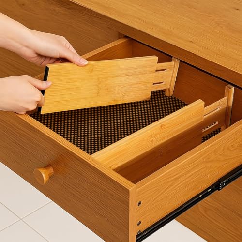 Adjustable Bamboo Drawer Dividers 6 Pack, Expandable Drawer Organizer for Kitchen, Bedroom, Bathroom and Dresser, Each Divider Expands from 12" to 17.5" Height 4.5 – Free Mat Included in Package.