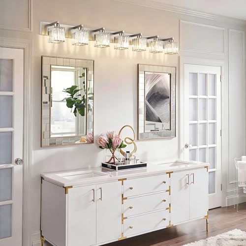 Aipsun Brushed Nickel Bathroom Light Fixtures Crystal Vanity Lighting Fixture Modern Bathroom Vanity Light 7 Light (Exclude Bulb) - color: Brushed Nickel, size: 58 inch