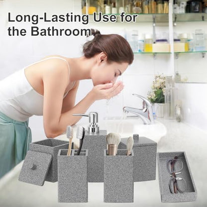 Gray Bathroom Accessories Set Resin 6PCS, Square Toothbrush Holders Set Complete with Soap Dispenser, Vanity Tray, Tumbler, Cups and Cotton Swab Jars for Counter, Sink or Small Spaces - color: Gray
