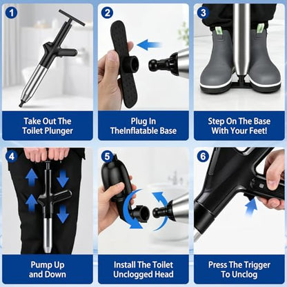 High Pressure Toilet Plunger, Heavy Duty Plunger for Bathroom, Dark Black | Toilet Unclogger Tool for Drain Clog, Heavy Duty Toilet Plunger with Pressure Gauge, 4 Heads for Bathroom, Sink, Shower - color: Dark Black