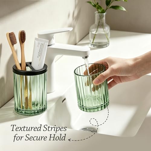 8oz Toothbrush Holders for Bathrooms, Green Striped Toothbrush Cup, Green | Bathroom Tumbler and Mouthwash Cup with Black Divider, Tooth Brush and Toothpaste Organizer for Countertop - color: Green