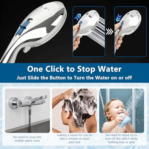 AmasSmile Shower Head with Handheld Sprayer Combo, 6-Mode Detachable Hand Held Showerhead with Power Wash & Pause Button - Shower Head with Handheld Spray Combo for Tub, Tile, Pets & RV - color: silver-plated
