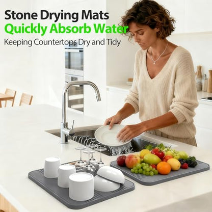 2 PCS Stone Dish Drying Mat ＆ Silicone Mat for Kitchen Counter – Diatomaceous Earth Bath Mat for Bathroom, 16.14"L×12.4"W×2 Quick Dry Mats for Dishes ,Bottles, Cups, Match Any Countertop(Gray) - color: Gray