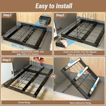 Housolution Pull Out Baking Tray and Cookie Sheet Cutting Board Organizer | 13"-22" Expandable, 21.5" Deep, 8 Adjustable Dividers, Sliding Rail Design, Sturdy Metal Structure, Adhesive/Screw Fixing - color: Black, 8 Dividers, size: Large