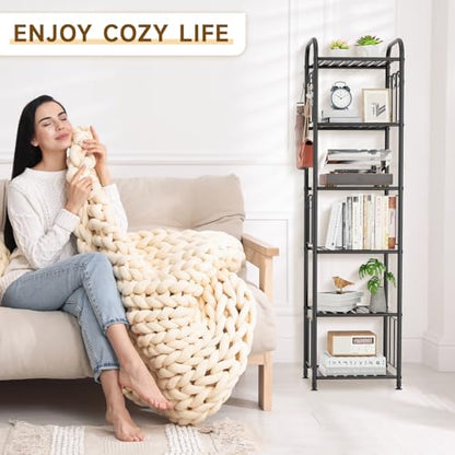 PouHenier.jh Tall Metal Narrow Skinny Shelf Unit for Bathroom, 6 Tier Black | Free Standing, Thin Shelving for Pantry or Kitchen, Slim Open Tower Rack, with 10 Hooks, Space Saving, No Tools Assembly